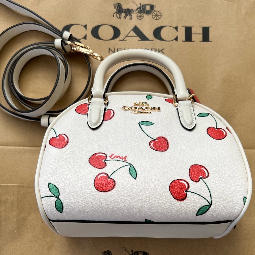 Coach Sydney Satchel heart Cherry print white bag crossbody